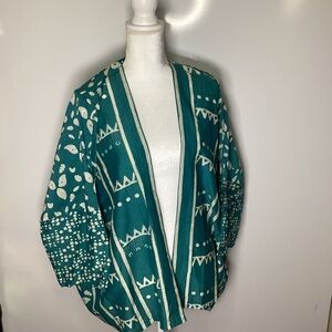 Teal Patterned Open-Front Kimono Cardigan